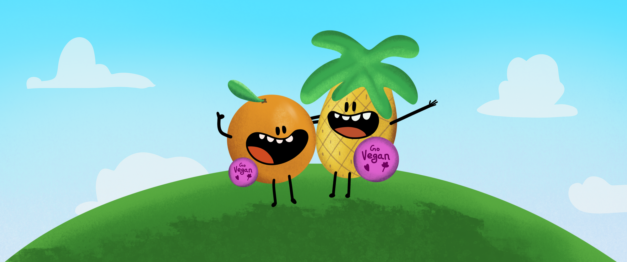 Fruits mascots standing in an open land wearing a "Go vegan" badge 