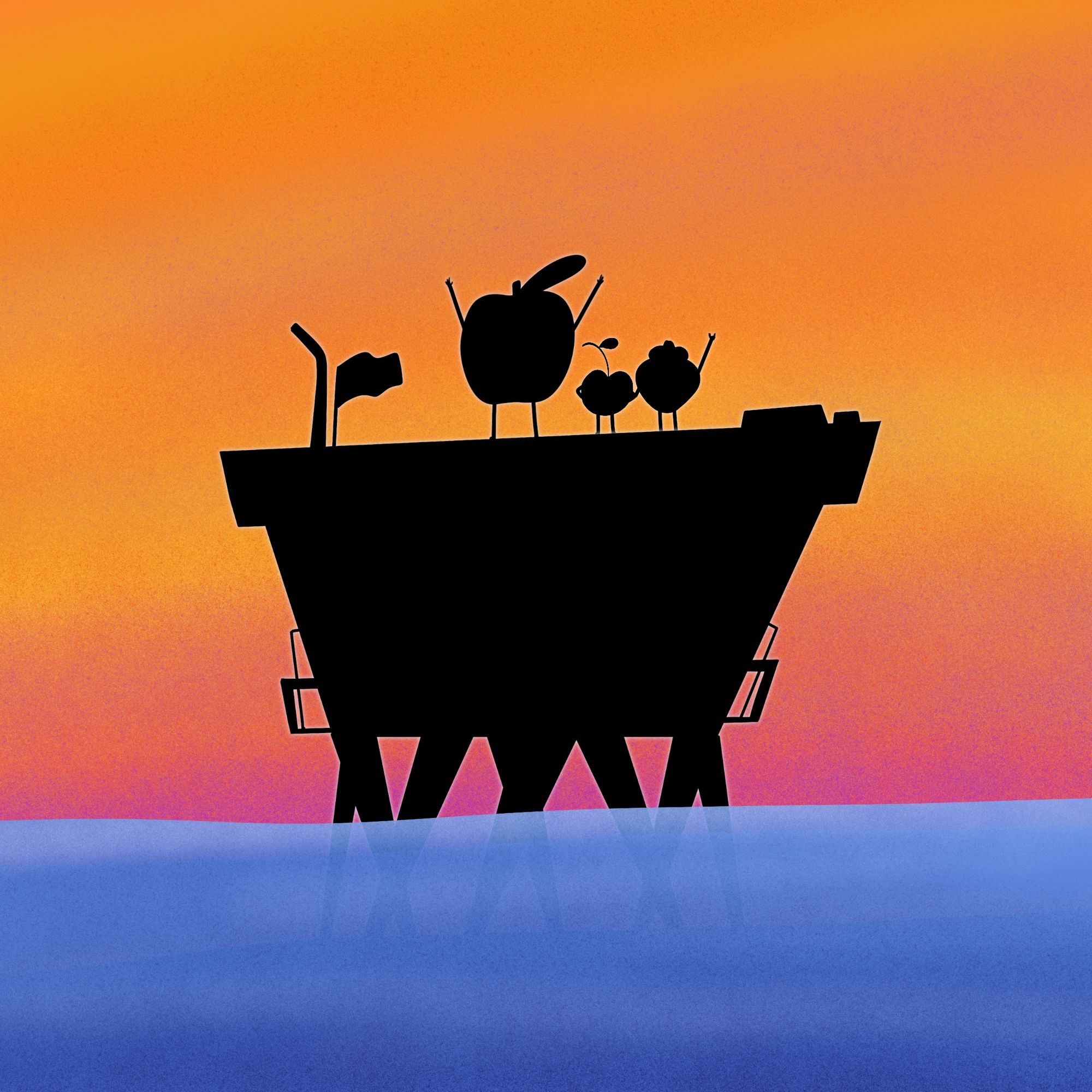 A picture of few fruit mascots standing on an man-made island in the middle of the sea. 