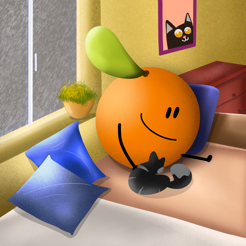 A introvert fruit mascot chilling with it's cat in a comfortable cosy room 