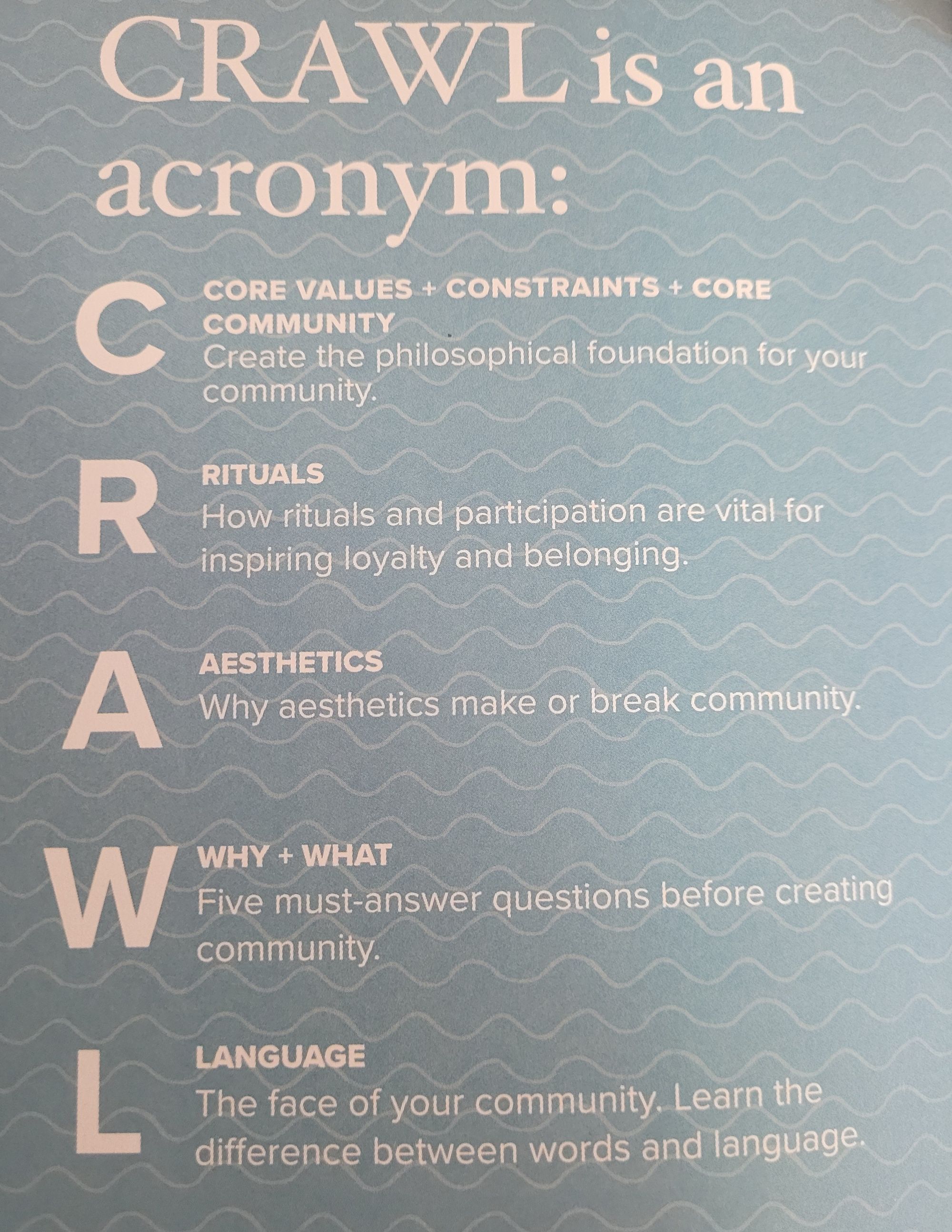 An image of the crawl acronum mentioned in the book "Belong" 