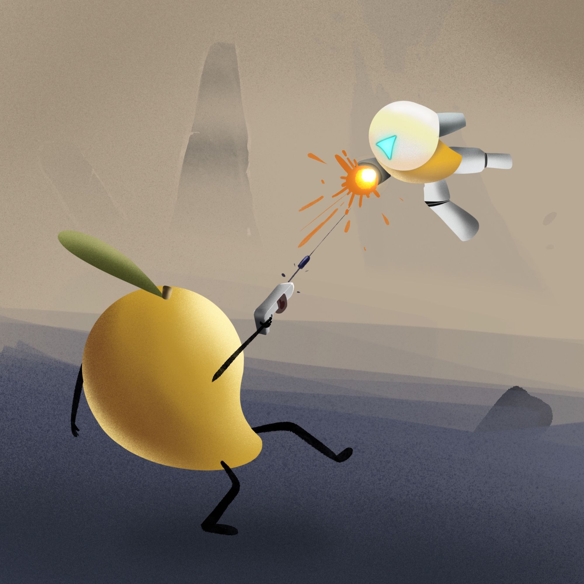 A fruit mascot represented as human and a bot are shooting against each other 